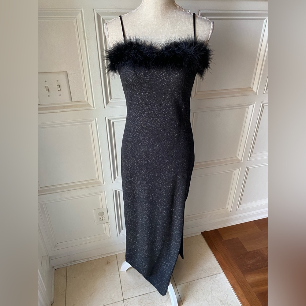 HYPHEN MEDIUM FEATHER BUST SPARKLE SWIRL COCKTAIL PARTY MAXI BODYCON DRESS